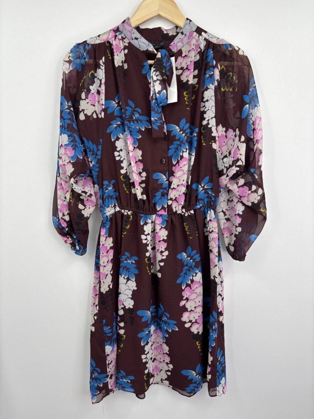 Ann Taylor Floral Long Sleeve Blouson Dress Burgundy Size Small NEW